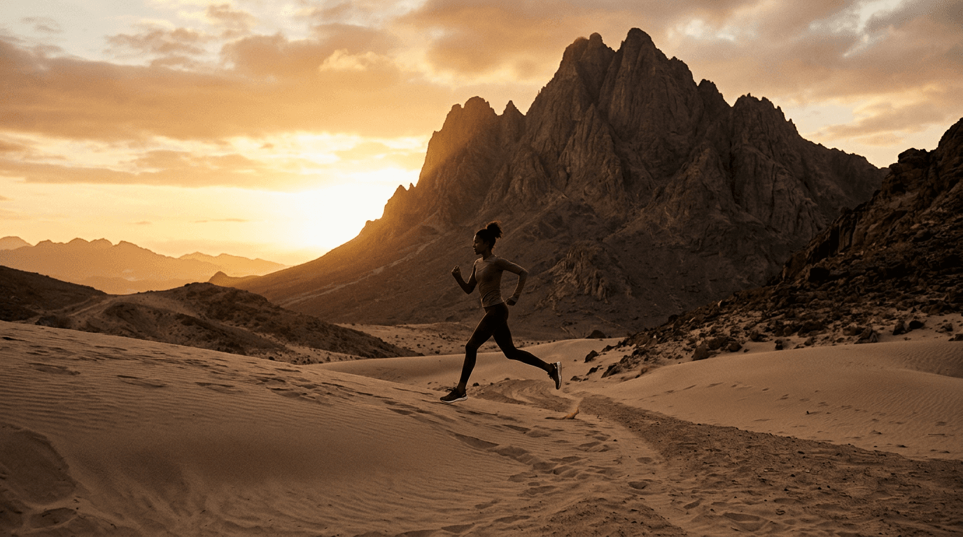 Woman running through desert — premium athleisure for athletic bodies by Arya