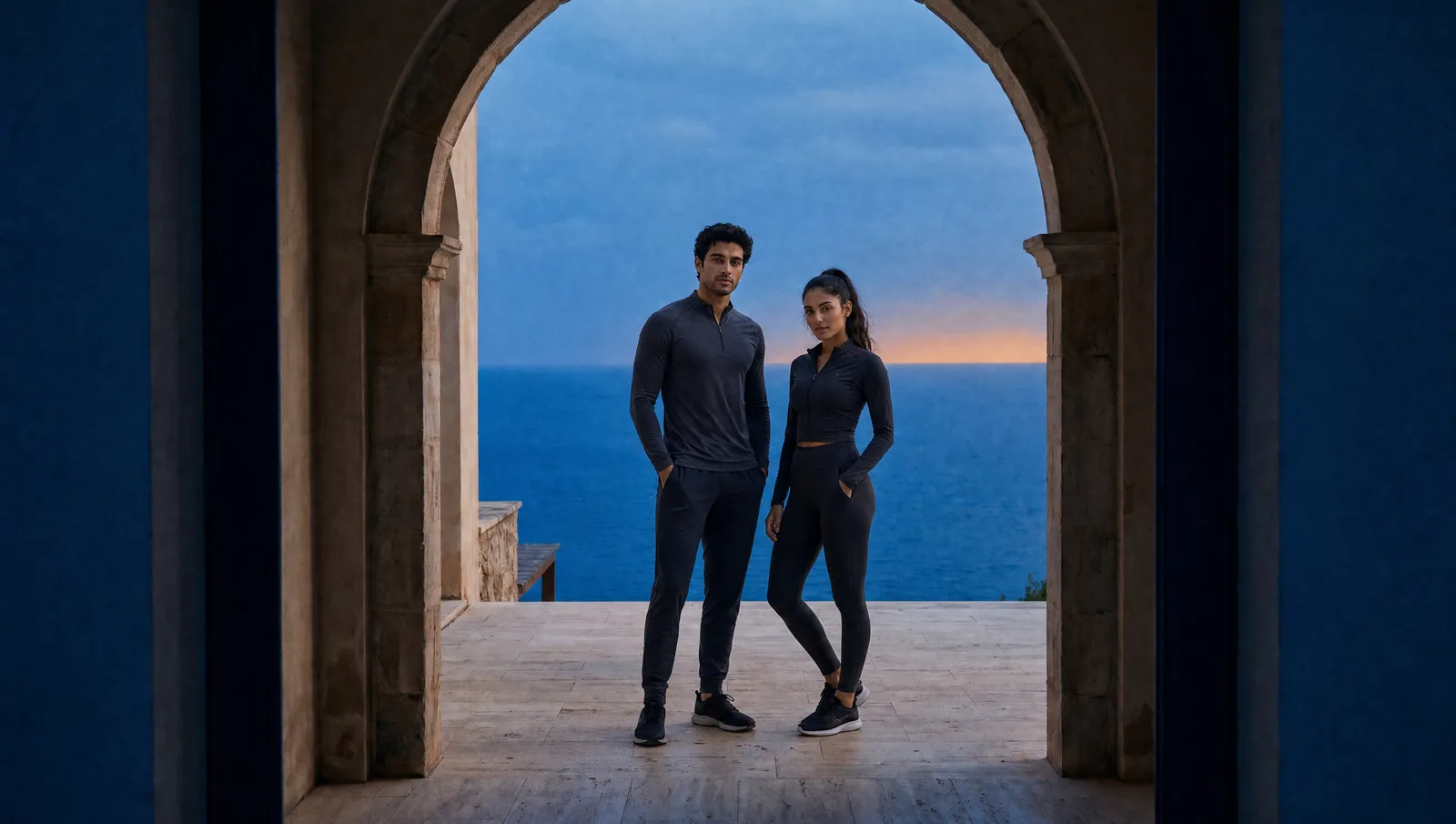 A man and a woman in dark activewear stand beneath a stone arch above the Mediterranean at blue hour.