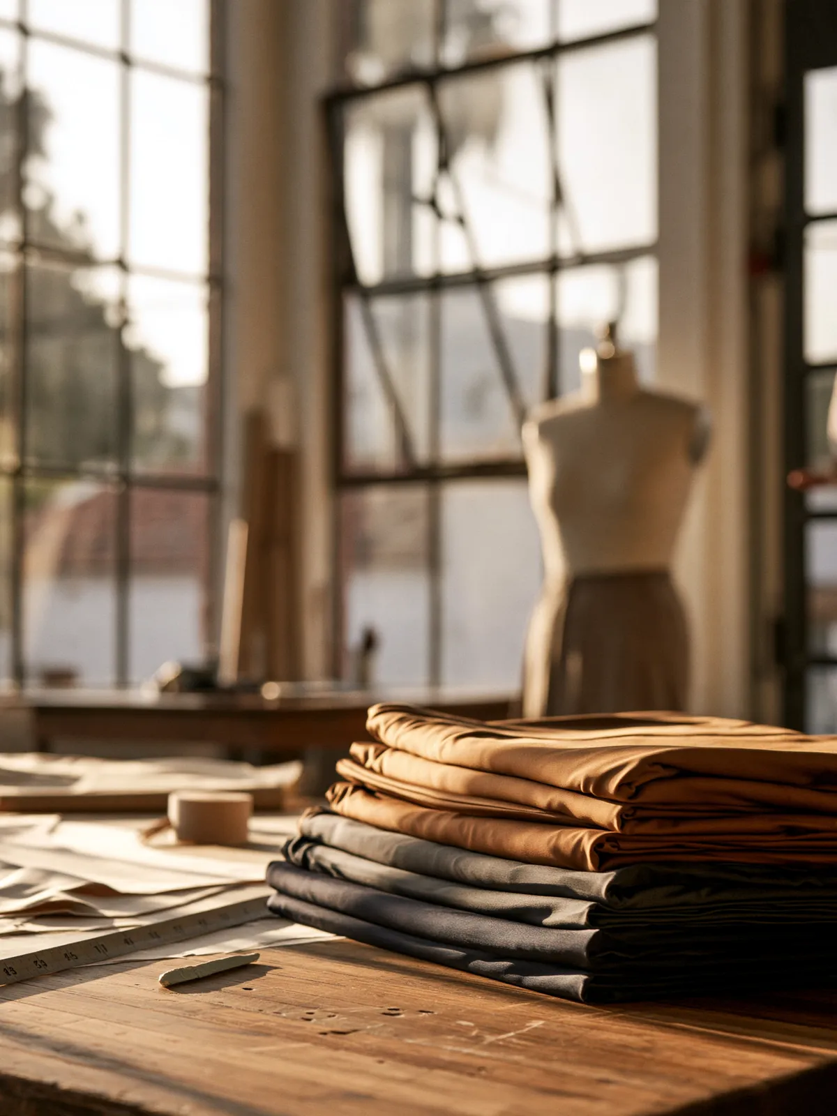 A sunlit Los Angeles design studio with stacked fabric in sand, cognac, slate and ink beside a dress form.
